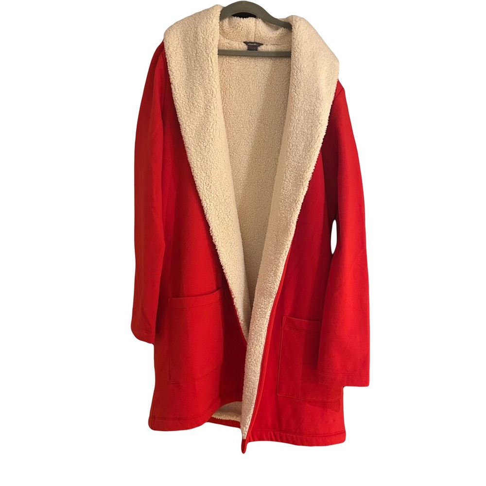 Eddie Bauer Sherpa Cardigan Womens Size S Red Open Sweater Fleece Coat